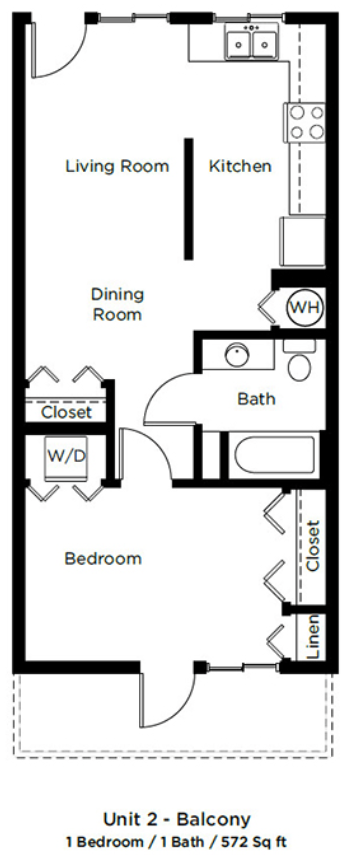 Floor plan for 1 bed, 1 bath, 572 sqft